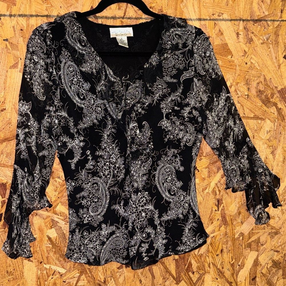 VTG Y2K NYC‎ Design Co Black Silk Floral Flowy Blouse Top Whimsical Fairy Boho M